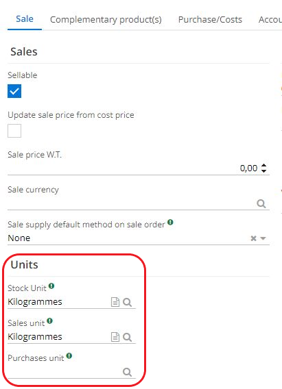 1.2. On a Product file in the Sales tab, define the different stock/sales/purchase units. For example, if you buy a product in tonnes, you can define that its sale is made in kilograms.
